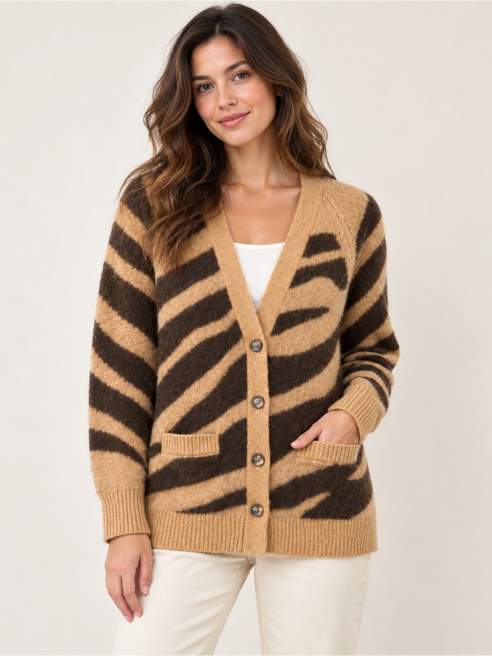 Banana Republic Zebra-Stripe Button Cardigan - Camel/Brown